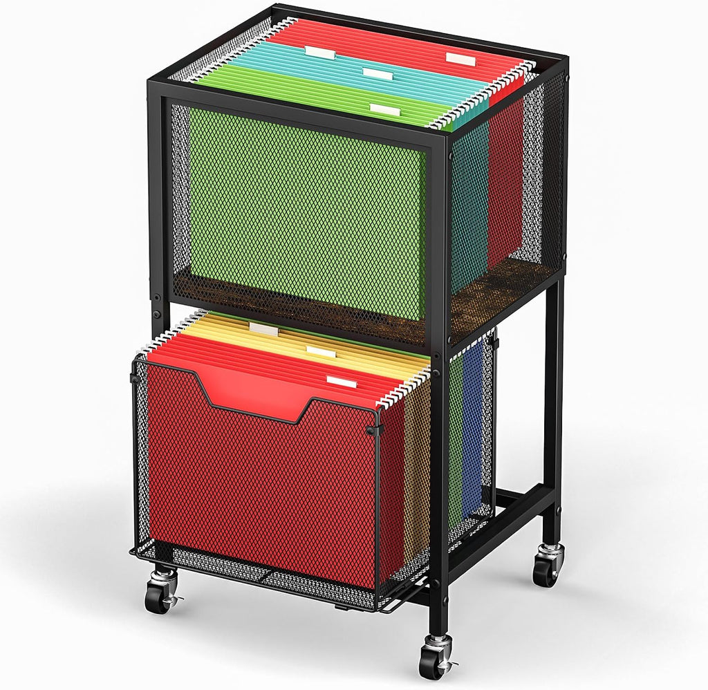 Rolling File Cabinet with Adjustable Dividers, Vertical Filing Cabinet with Storage Drawer on Lockable Wheels, Hanging File Organizer Beside Under Desk for Office, Home（Patent Pending）