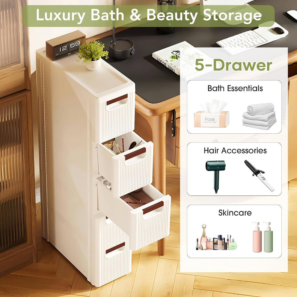 Narrow Bathroom Storage Cabinet with 5 Drawers, 7.5-Inch Wide, White