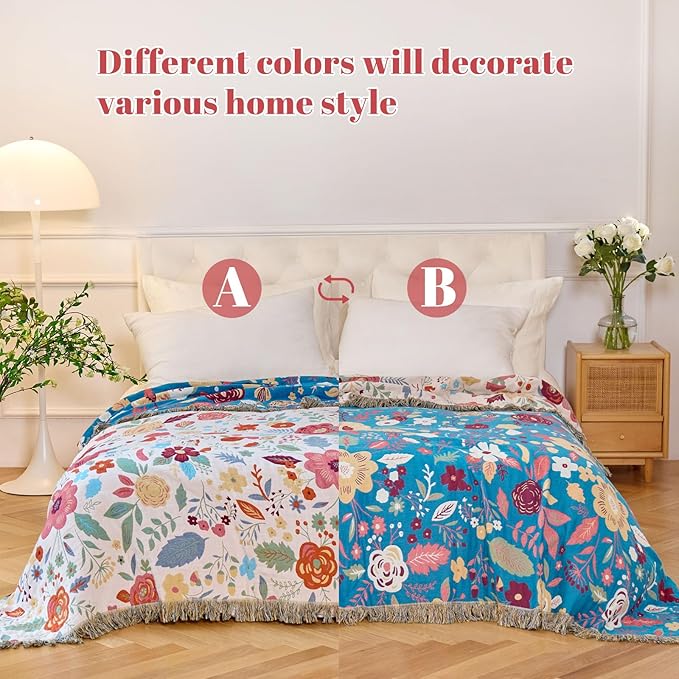 MSGKV Boho Throw Blanket for Bed Twin Size 100% Cotton Floral Blanket 60"x80" - Image 3