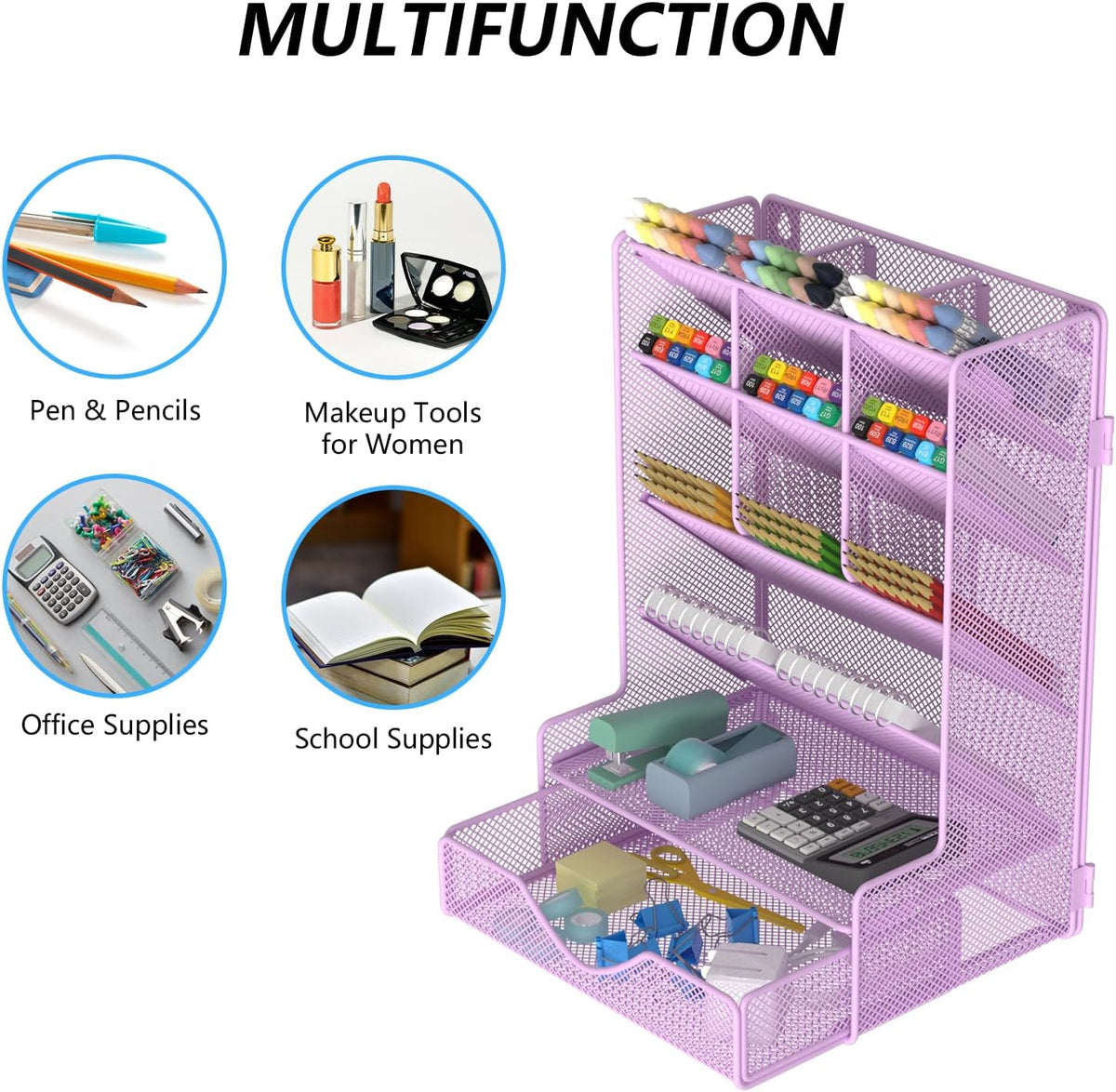 Pen Organizer for Desk, Multi-Functional Desk Organizer, Wall Mount Pen Holder with Drawer for School, Office, Home, Art Supplies, Purple