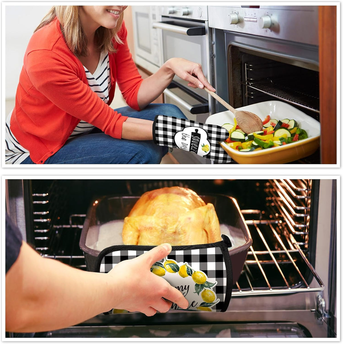 5 Pcs Buffalo Plaid Kitchen Towels Oven Mitts and Pot Holder Set,Lemon