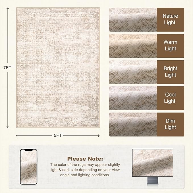 5x7 Area Rugs Living Room Rug: Washable Vintage Boho Rug No Slip Stain - Image 2