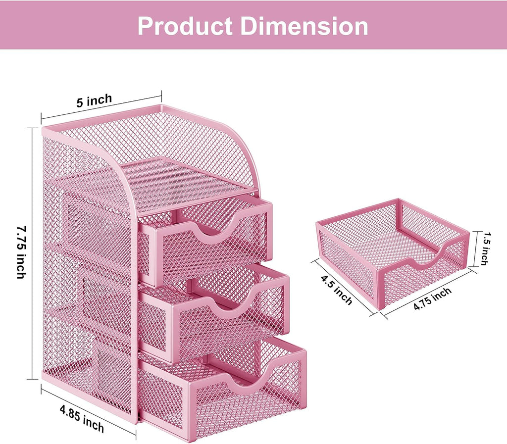 EasyPAG Mesh Desk Organizer with 3 Drawer Office Desktop Organizers and Accessories Stationery Caddy for Office, Home, Students, Pink