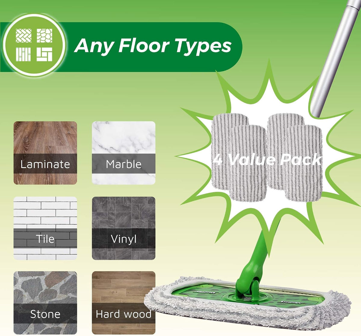 4-Pack Heavy-Duty Scrub Mop Pads for Swiffer Sweeper, Washable Refills