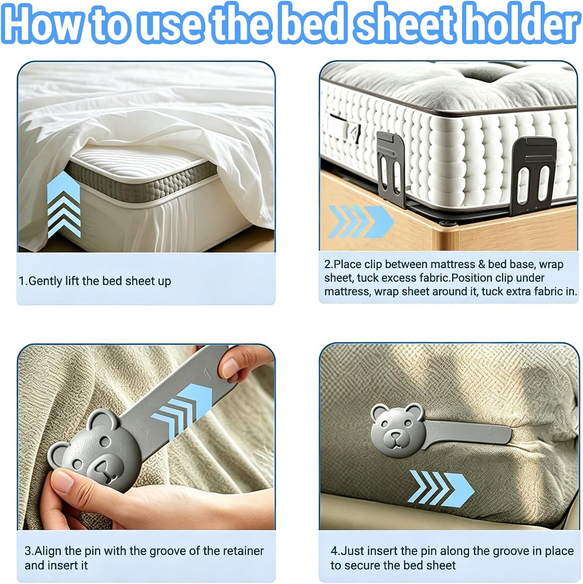 Bed Sheet Holders Keep Bed Sheet Flat-4 Upgrade Pack Sheets Holder Foldable Sheets Holder for Portable and Suitable All Kind of Bed (Gray)