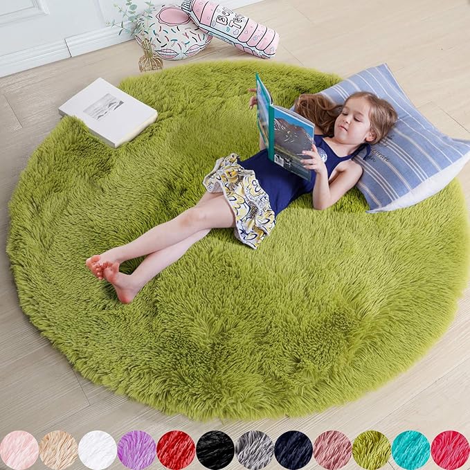 Grass Green Round Rugs 5Ft for Bedroom, Fluffy Shaggy Circle Area Rugs for Kids by Amdrebio