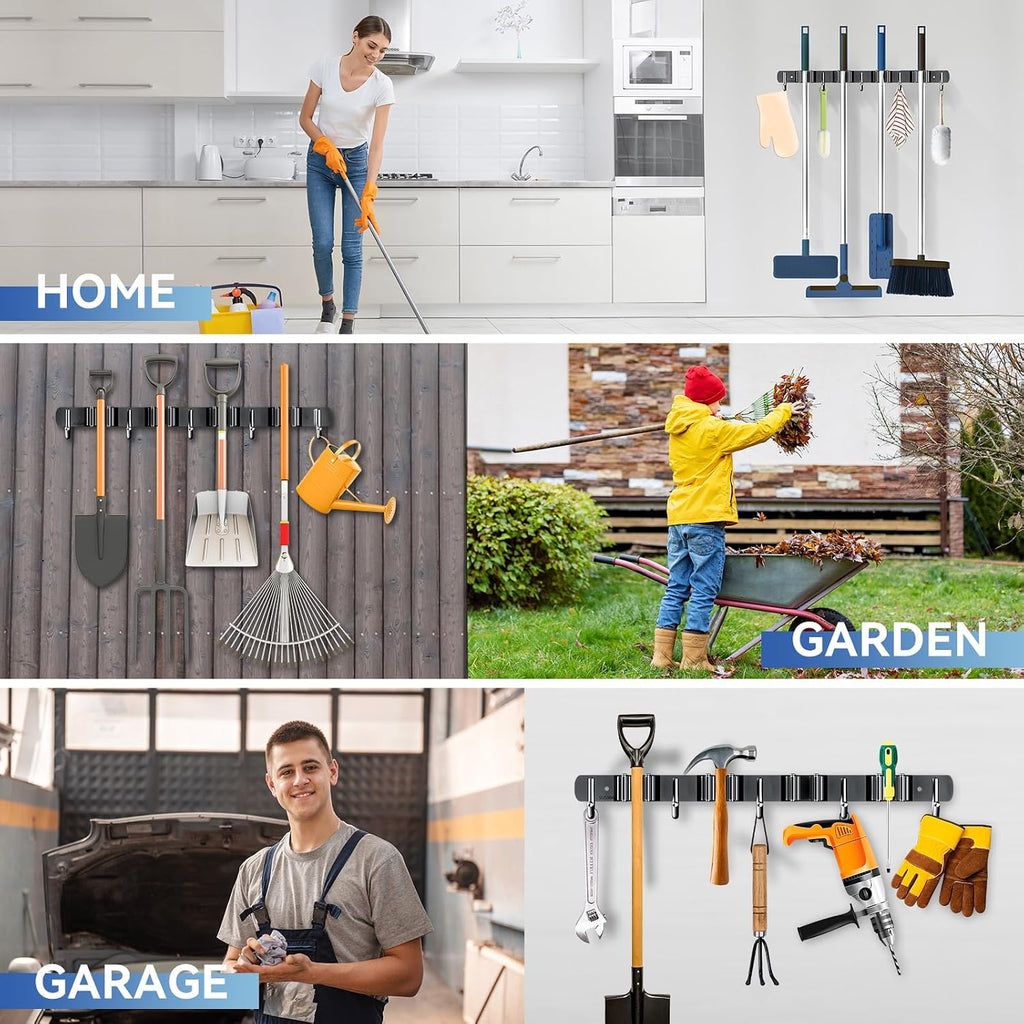 ZONGOOL 2 Pack Mop Broom Holder Wall Mount 4 Racks 5 Hooks Storage Black