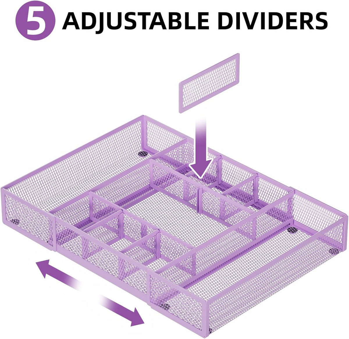 Marbrasse Expandable Desk Drawer Organizer, Mesh Drawer Organizer Tray with 10 Adjustable Compartments, Desk Organizers and Accessories for Office Supplies, Makeup & Vanity (Expandable-Purple)