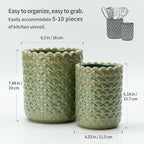 JIEMEI HOME Kitchen Utensil Holder, Large 7.5"+6.2" Petal Ceramic Utensil Crock for Countertop, Utensil Holder with Cork Mat, Morden Utensil Organizer for Spatula, Kitchen Decor, Set of 2- Green
