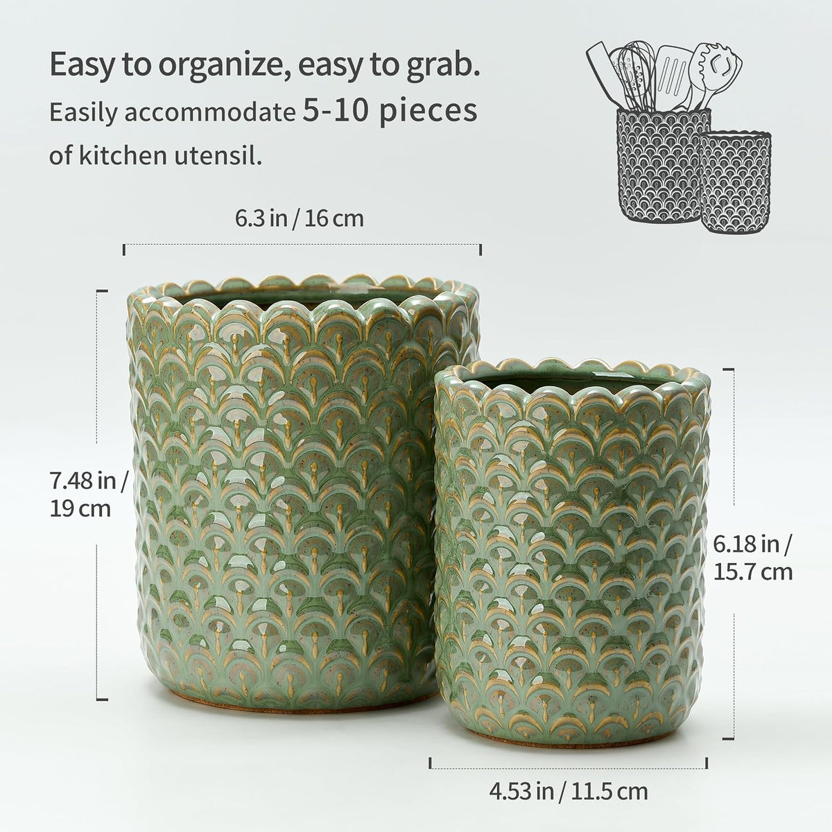 JIEMEI HOME Kitchen Utensil Holder, Large 7.5"+6.2" Petal Ceramic Utensil Crock for Countertop, Utensil Holder with Cork Mat, Morden Utensil Organizer for Spatula, Kitchen Decor, Set of 2- Green