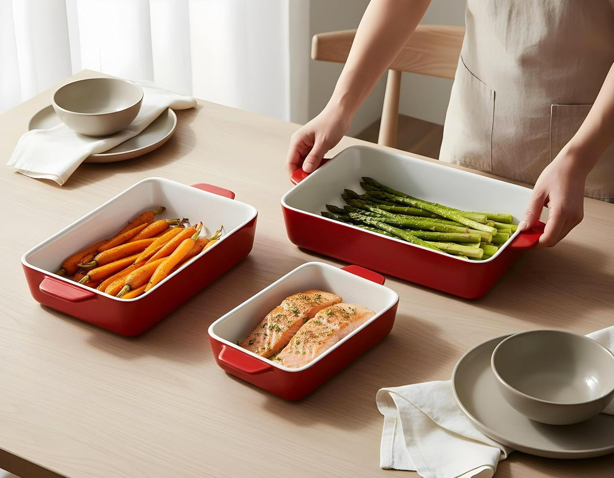 Kook Ceramic Bakeware Set, Rectangular Baking Dishes, For Casseroles, Lasagna, Cake, Small, Medium & Large Pans, Microwave & Dishwasher Safe, Set of 3, Cherry