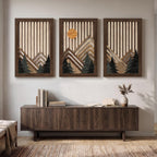 Large Framed Cutout Boho Mountain Wood Wall Art for Living Room, 3 Piece
