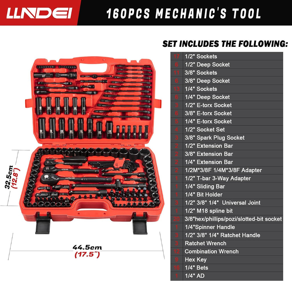 LLNDEI 160Pc Mechanics Socket Set 1/2 1/4 3/8" Drive Metric