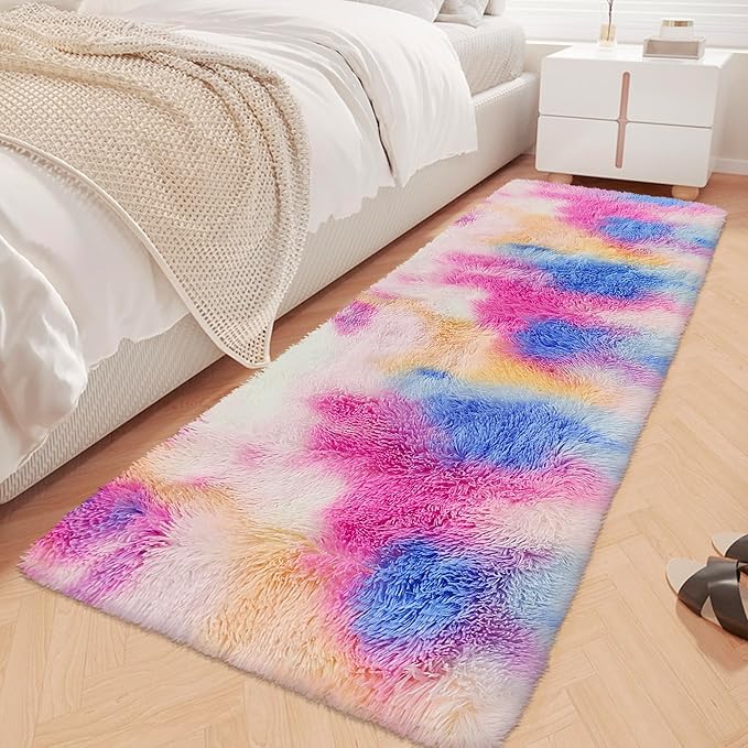 Fluffy Colorful Rug for Bedroom 2x6 ft Kawaii Tie-Dyed Area Rug Non Slip Cute by JiaoBaba