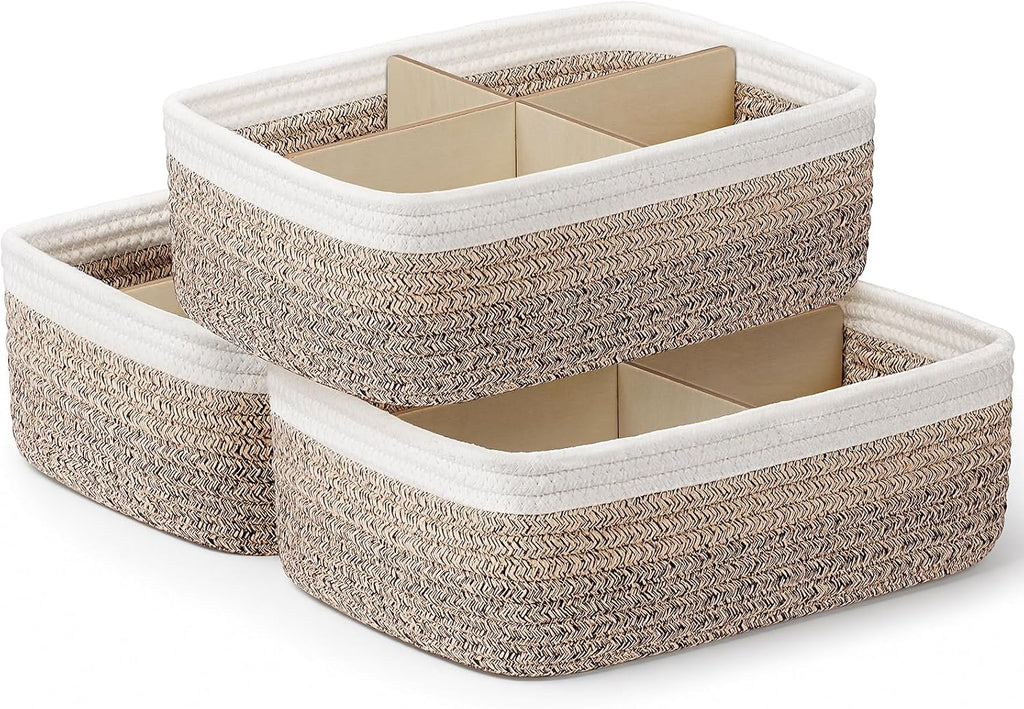 3 Pack Small Woven Storage Baskets for Organizing, Shelf Baskets, Brown