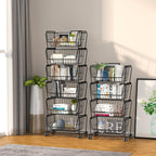 PUSDON 4-Tier Spacious Stackable Wire Storage Baskets with Wheels, Metal Rolling Utility Cart, Produce Basket for Pantry, Bathroom Organizer Shelf, Matte Black
