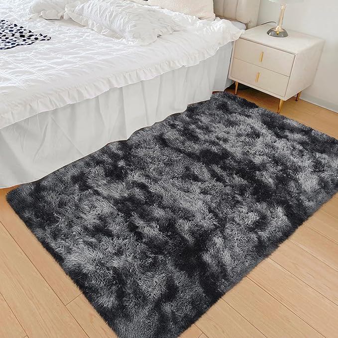 Small Tie-Dyed Area Rug for Bedroom 3x5 Mini Black Grey Fluffy Rug Mat Bedside - Image 4