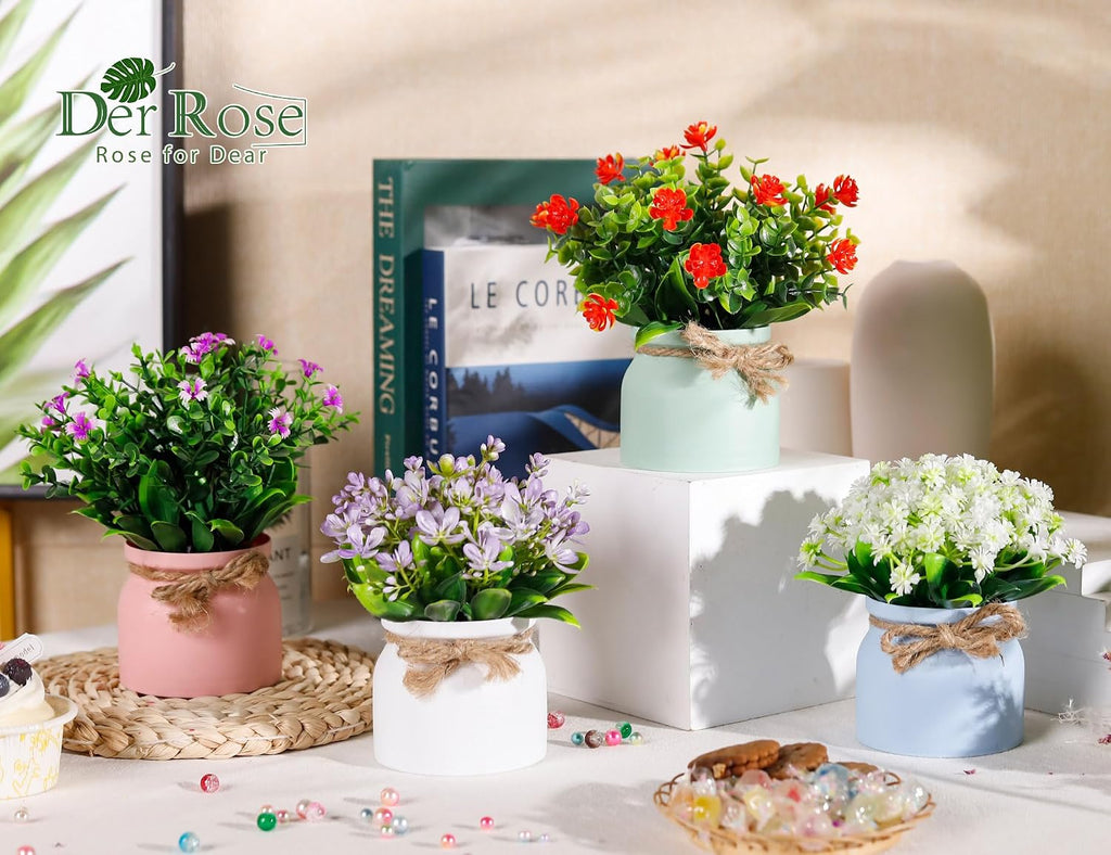 Der Rose 4 Pack Fake Flowers in Pots, Spring Summer Table Home Decor Indoor