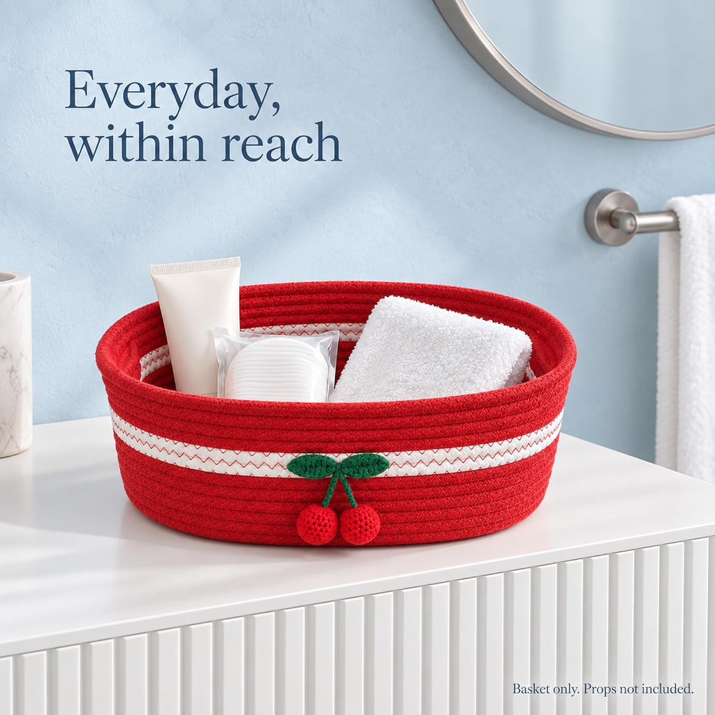 Rectangle Storage Basket Cotton Rope Woven Baskets for Organizing,Cute Cherry Basket for Kids, Baby Nursery,Cat Dog Toy Baskets,Organizer Bins for Shelves 11.8×10.6×4.3INCH