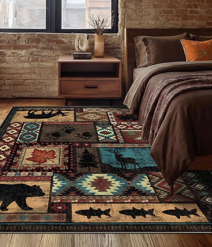 YIHOUSE Rustic Cabin Area Rug 4x6, Machine Washable Lodge Bear Rug, Non-Slip by YIHOUSE