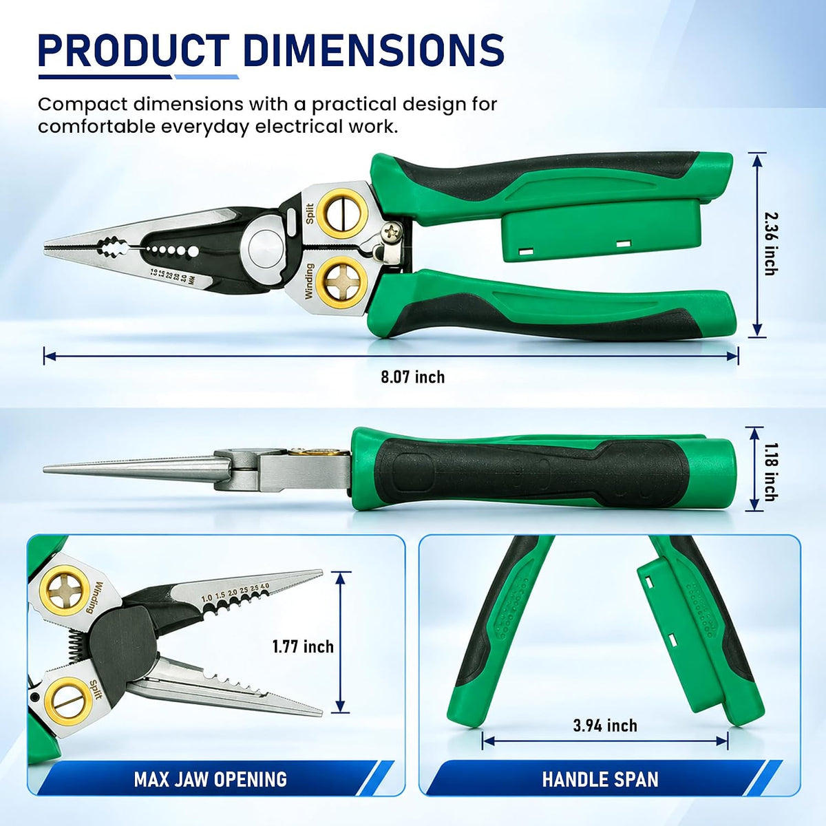 8‑in‑1 Wire Stripper Pliers, Non‑Contact Voltage Tester, Multi‑function electrician pliers for stripping cutting crimping, 12‑250V tester, fits auto HVAC home wiring maintenance, Green&Black