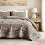 Oversized King Size Cotton Quilt Bedding Set with 2 Pillow Shams,120"x120" Breathable Coverlet Bedspread All Season, Textured Like Linen, Anti-Slip No Wrinkle Comforter Cover,Brown