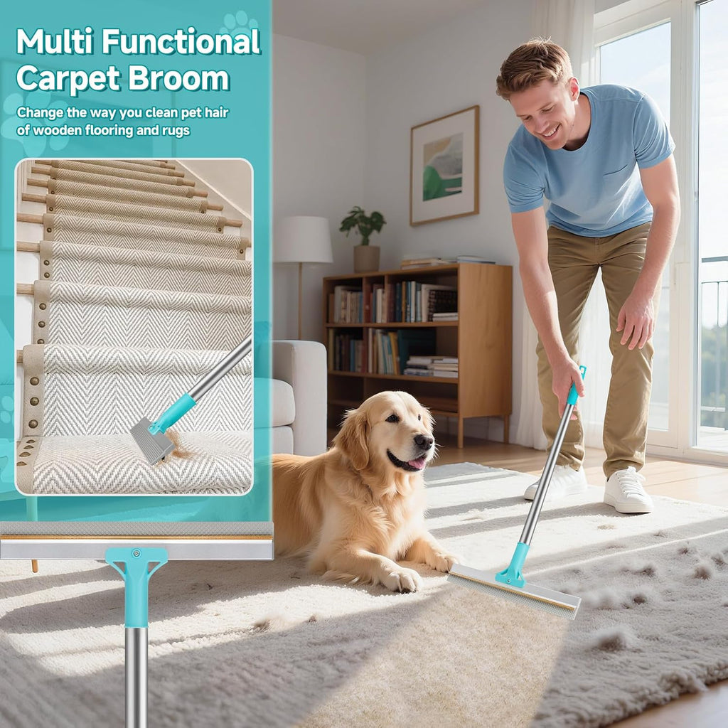 Carpet Rake for Pet Hair Removal Tool,Reusable Pet Hair Remover Broom Blue