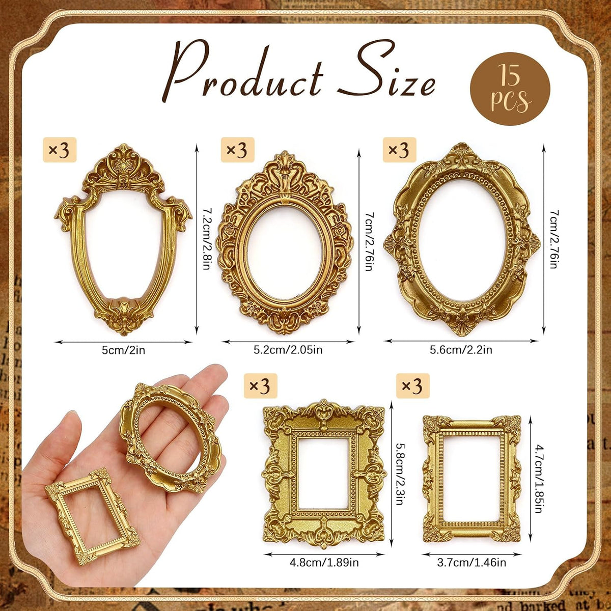 15 PCS Mini Vintage Frames, Tiny Resin Antique Frames, Small Gold picture photo frame for DIY Wall Hanging Jewelry Display Photography Party Hotel Home Decoration (mini frameA)