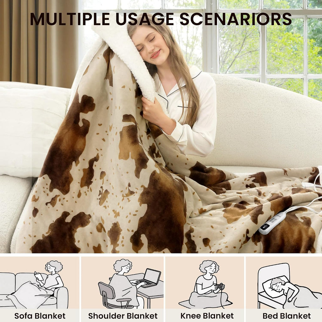 Heated Blanket Throw Blanket - Fast Heating Electric Blanket, Soft Heated Throw with 4 Time Settings,10 Heating Settings, Warm Gifts for Women Mom Grandma(50" x 60" Cow Print Apricot)