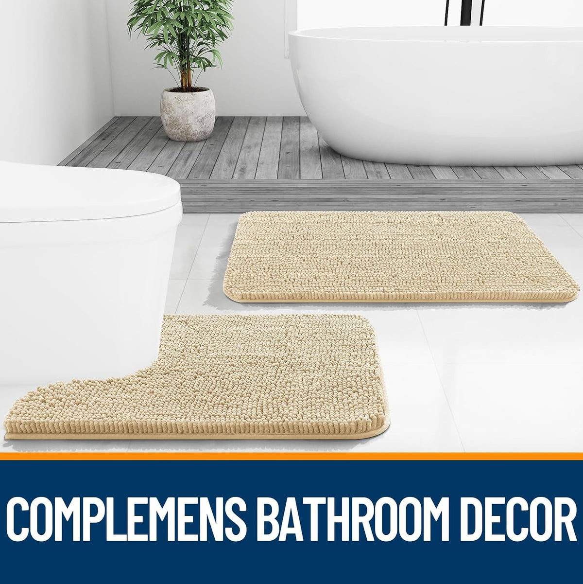 OLANLY Chenille Bathroom Rugs Sets 3 Piece, 30"x20"+24"x16"+24"x20", Beige