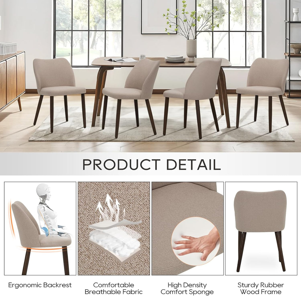 MALOL Dining Chairs Set of 6, Upholstered Fabric Kitchen Chairs with Curved Back, Padded Seat and Solid Wood Legs, Modern Dining Chair for Kitchen Dining Room, Camel