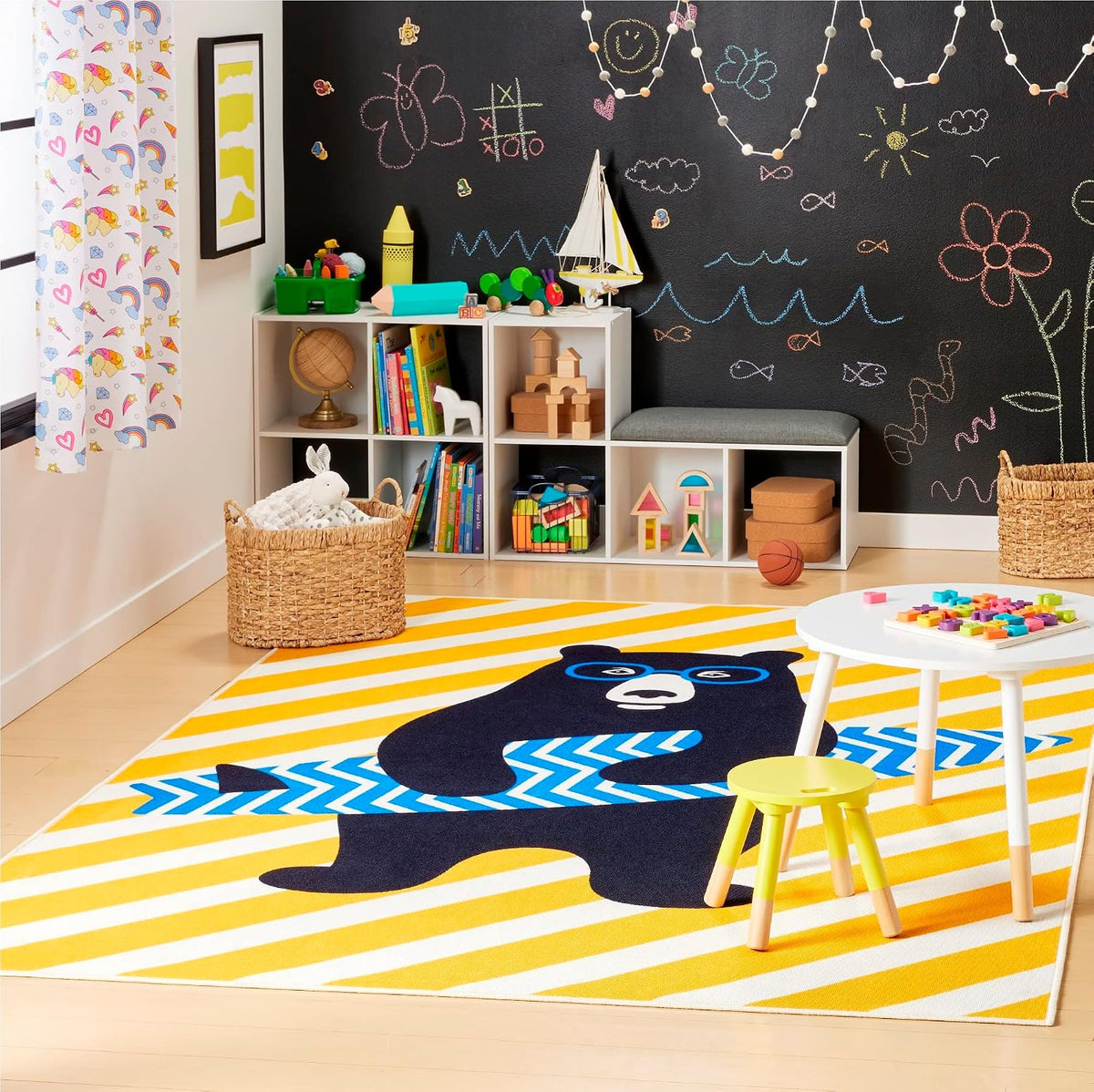 Home Dynamix Everwash Imagine Surfer Bear Kids Machine Washable Area Rug, Gold/Blue, 3'x5'