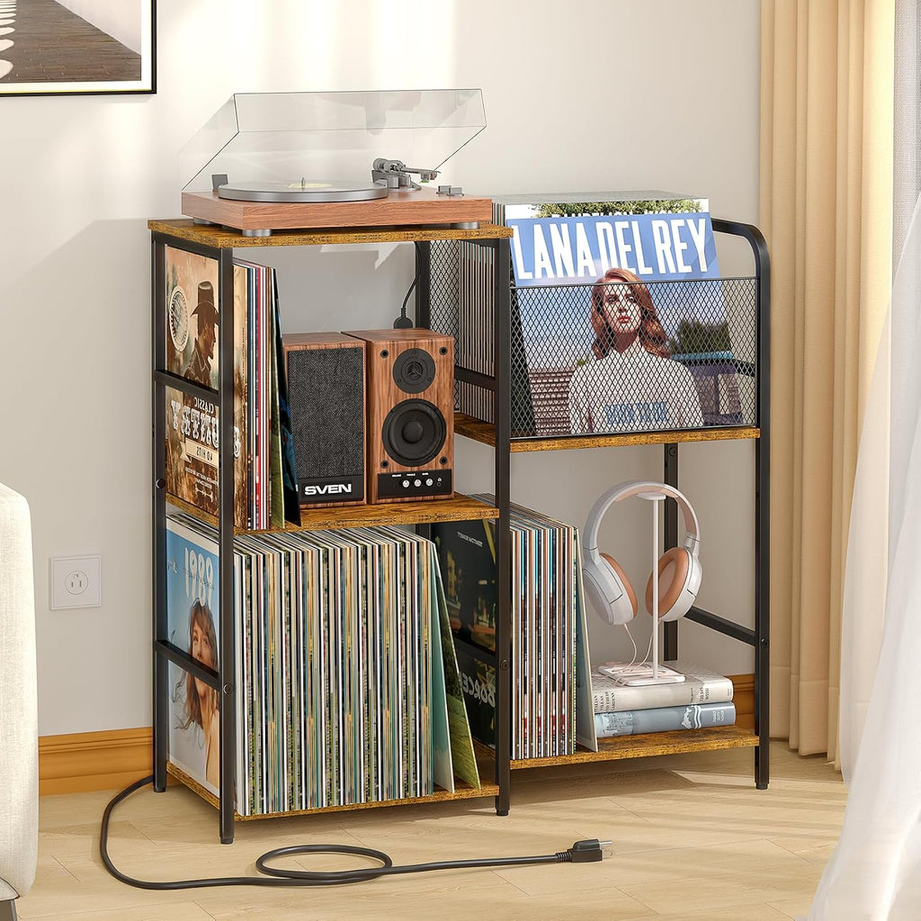 ThreeHio Record Player Stand, Turntable Stand with Vinyl Storage Holds up to 300+ Albums, Storage Cabinet for Vinyl Records, Record Player Table for Living Room