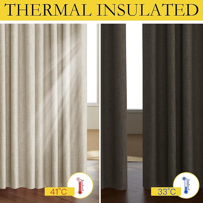 NICETOWN Taupe 100% Blackout Linen Curtains 90 inch Long Burg, Farmhouse Thick - Image 2