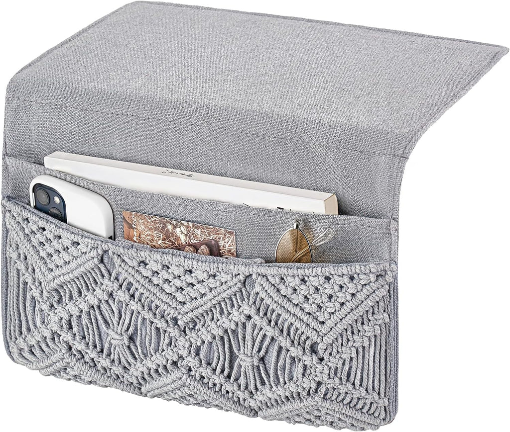 Mkono Macrame Bedside Caddy, Boho Bed Storage Organizer, 4 Pockets Grey
