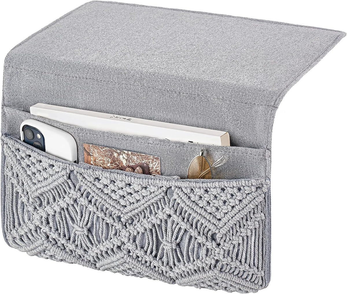 Mkono Macrame Bedside Caddy, Boho Bed Storage Organizer, 4 Pockets Grey