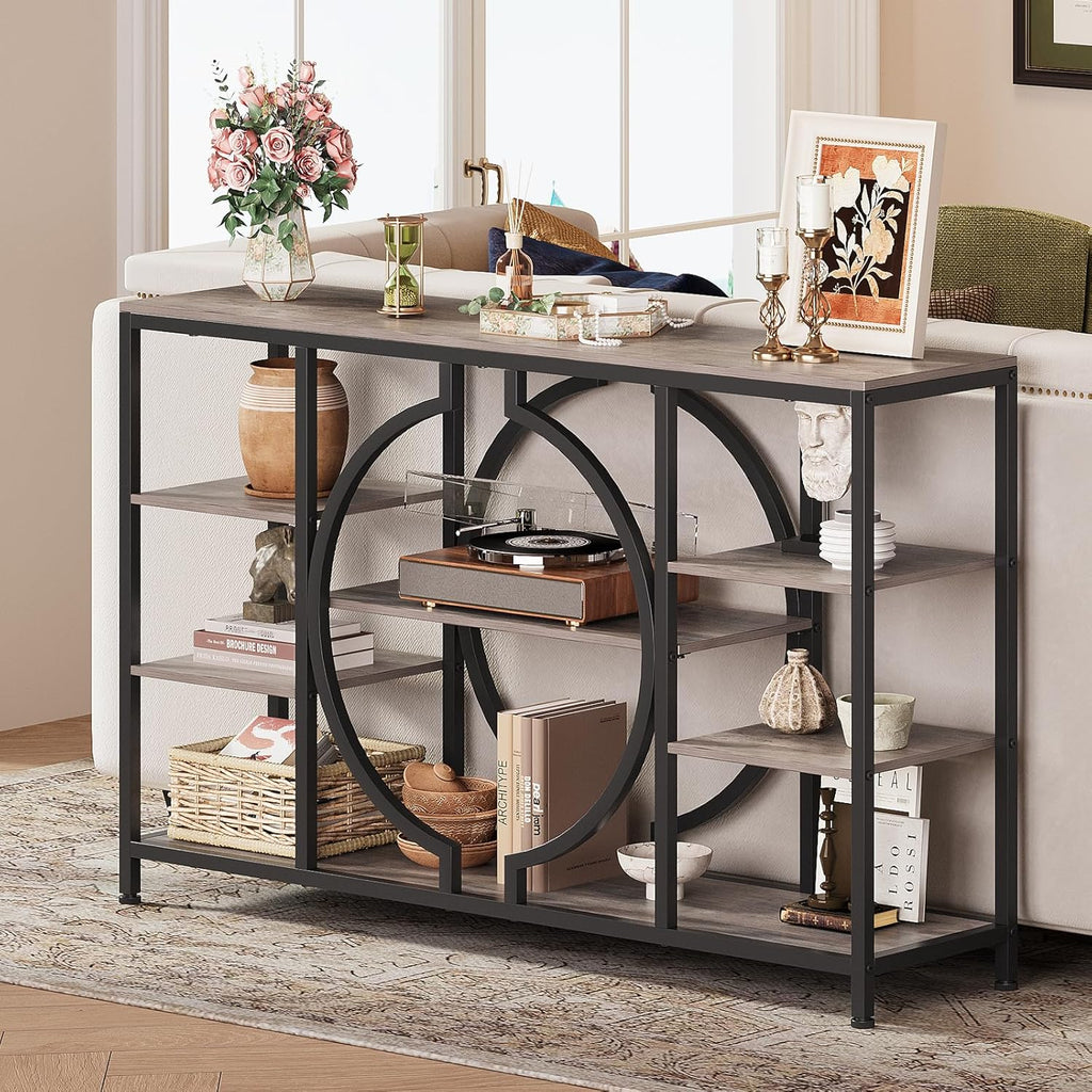GiftGo 47" Industrial Console Tables for Entryway Rustic Sofa Table Behind Couch 4 Tier Wooden Shelves Entry Table with Storage for Foyer, Hallway, Front Door,Living Room (Retro Grey, 47")