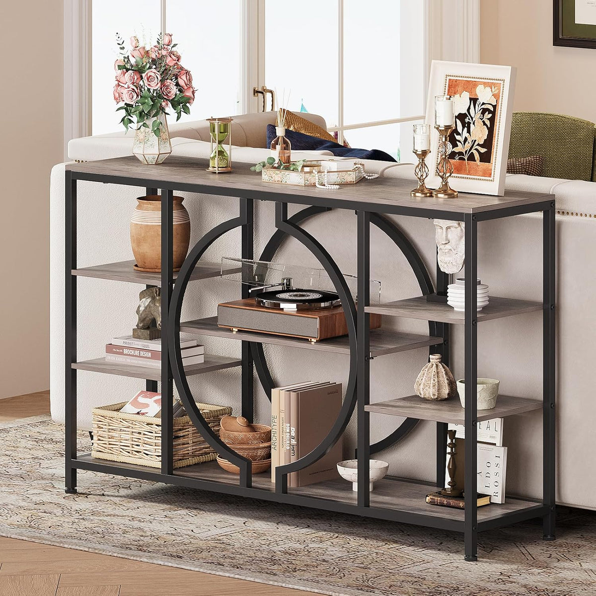 GiftGo 47" Industrial Console Tables for Entryway Rustic Sofa Table Behind Couch 4 Tier Wooden Shelves Entry Table with Storage for Foyer, Hallway, Front Door,Living Room (Retro Grey, 47")