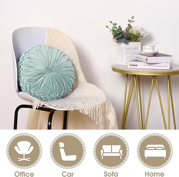 HIG Set of 2 Aqua Ruched Velvet Round Throw Pillows – 14.5’’ Decorative Pillows - Image 4