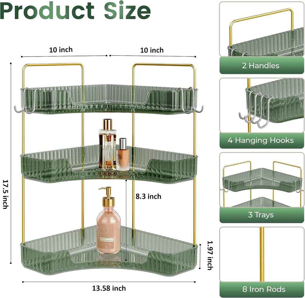 3-Tier Green Corner Organizer, PET Counter Storage with Hooks