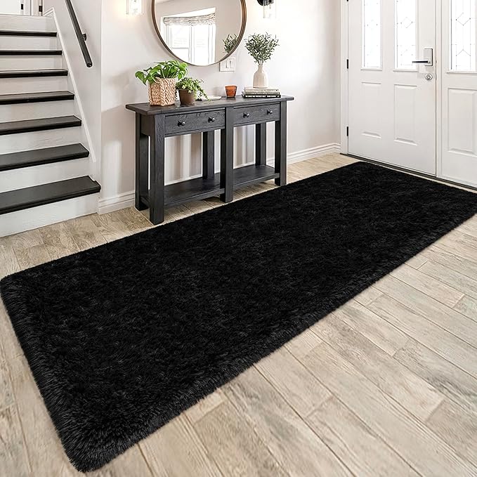 3x10 Bedside Area Rugs for Bedroom Soft Fluffy Shag Black Rug for Hallway by JiaoBaba