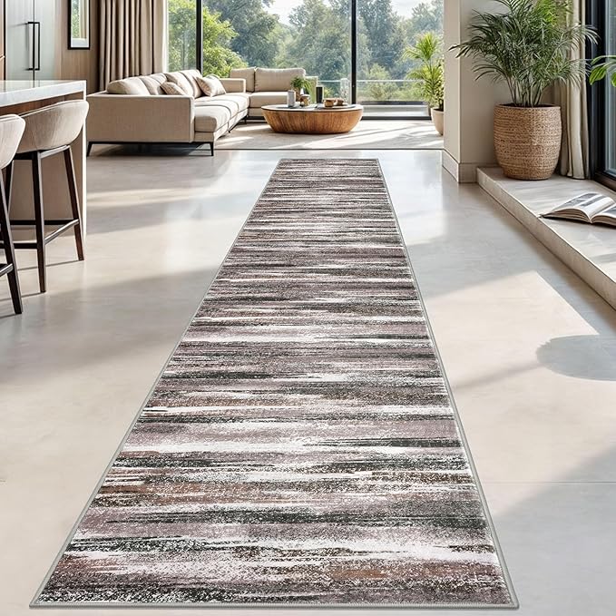 Lansny Modern Abstract Runner Rug 2.6x18, Dark Light Brown White Washable Long - Image 2
