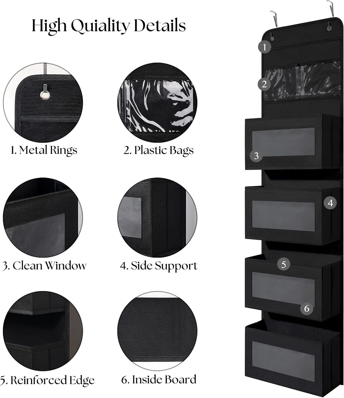 GCreation Over Door Organizer for Bedroom Bathroom Pantry, 5 Shelf Black