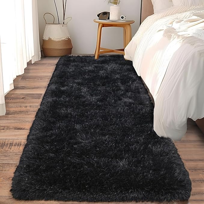 Fluffy Shag Runner Rugs for Bedroom Hallways, 2x8 Black Long Soft Throw Area - Image 4