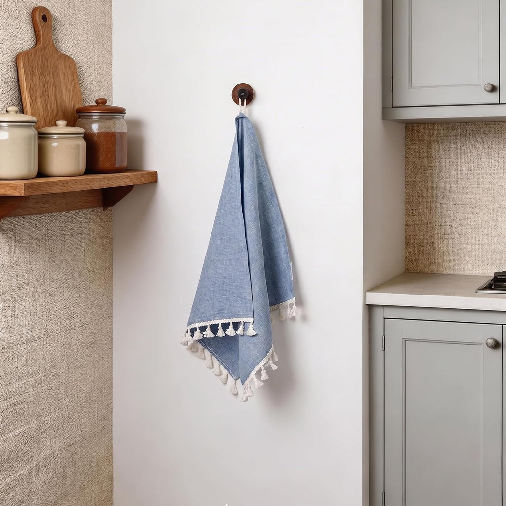 100% Linen Hand Towels 2 Pcs, 16x40 Inch Boho Decorative Kitchen Towels with Short Edge Tassel, Absorbent Soft Guest Bathroom Tea Dish Towels, Farmhouse Sink Towel Set,Blue