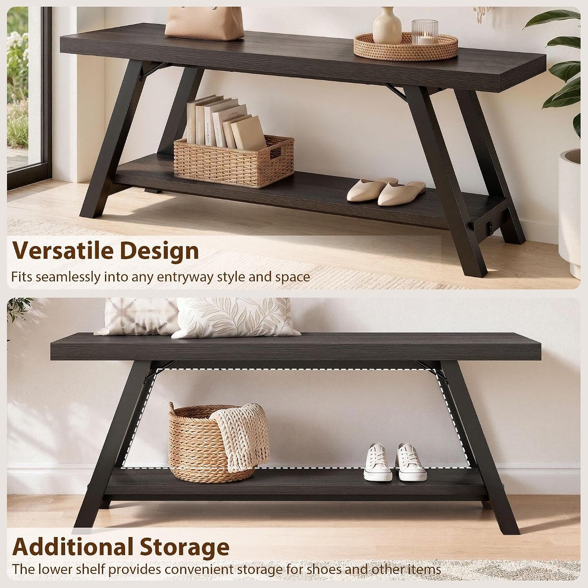 LVB Entryway Bench with Storage, Wood Bench for Entryway, Dark Gray Oak