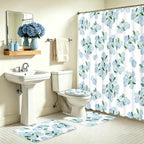 FYSUIMU 4Pcs Blue Hydrangea Bathroom Set Spring Floral Non-Slip Bath Mat U-Shaped Toilet Rug Toilet Lid Cover Shower Curtain with Hooks for Home Hotel Accessories Decoration