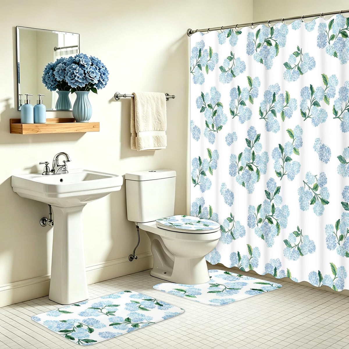 FYSUIMU 4Pcs Blue Hydrangea Bathroom Set Spring Floral Non-Slip Bath Mat U-Shaped Toilet Rug Toilet Lid Cover Shower Curtain with Hooks for Home Hotel Accessories Decoration
