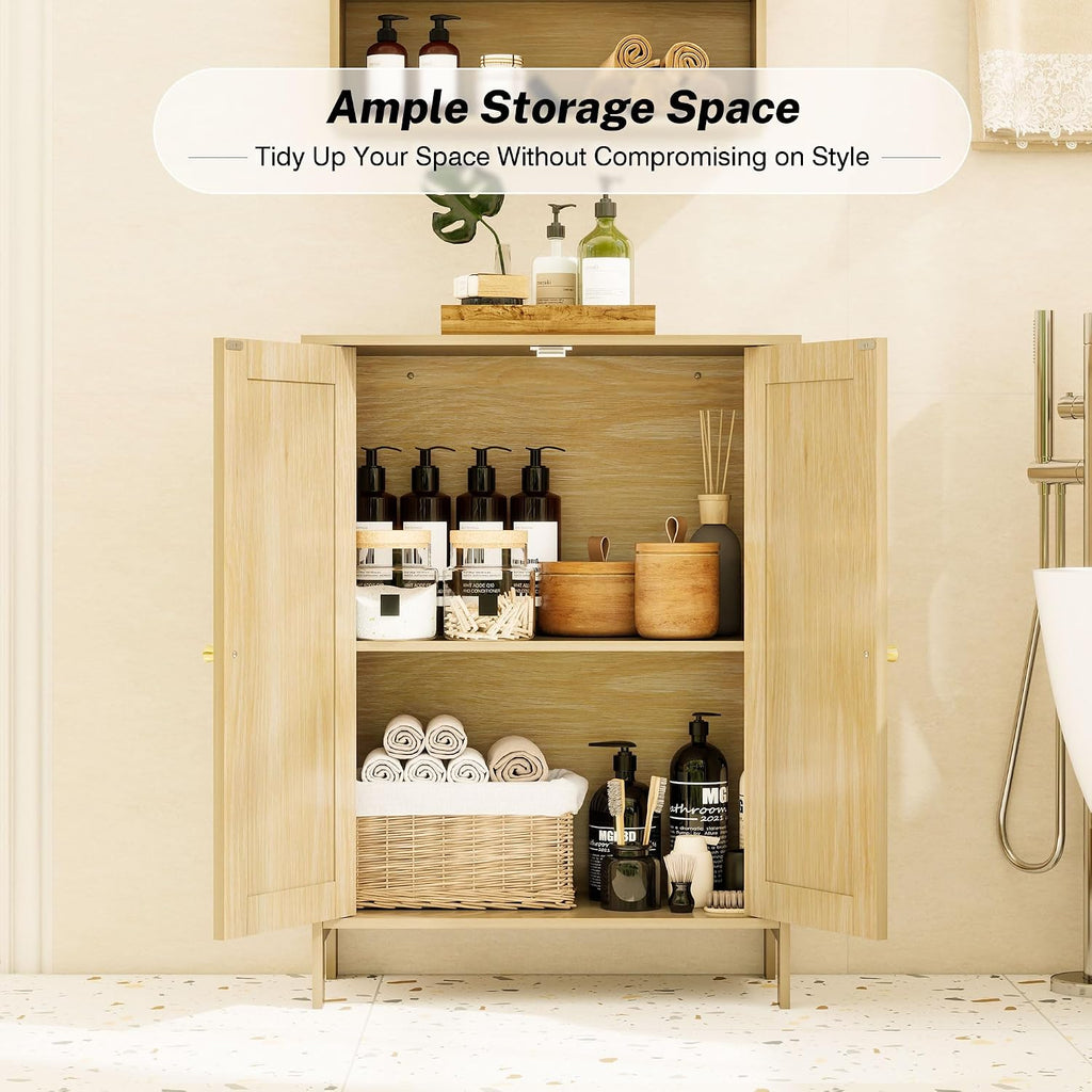 Fluted Bathroom Storage Cabinet with 2 Doors & Shelf, Natural