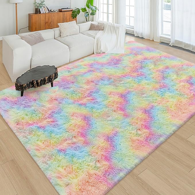 Fluffy Rainbow Colorful Area Rug - Image 5